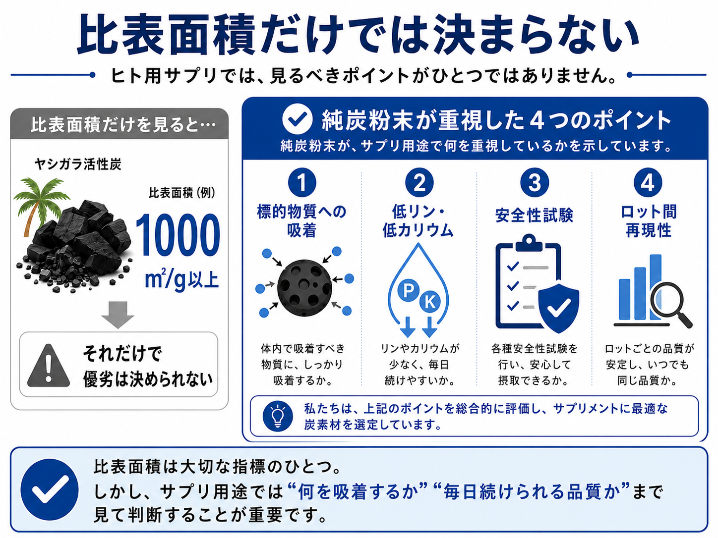 比表面積だけでは炭サプリの優劣は決まらないことを説明する図解
