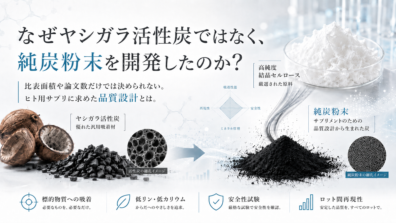 なぜヤシガラ活性炭ではなく純炭粉末を開発したのかを説明するファーストビュー画像