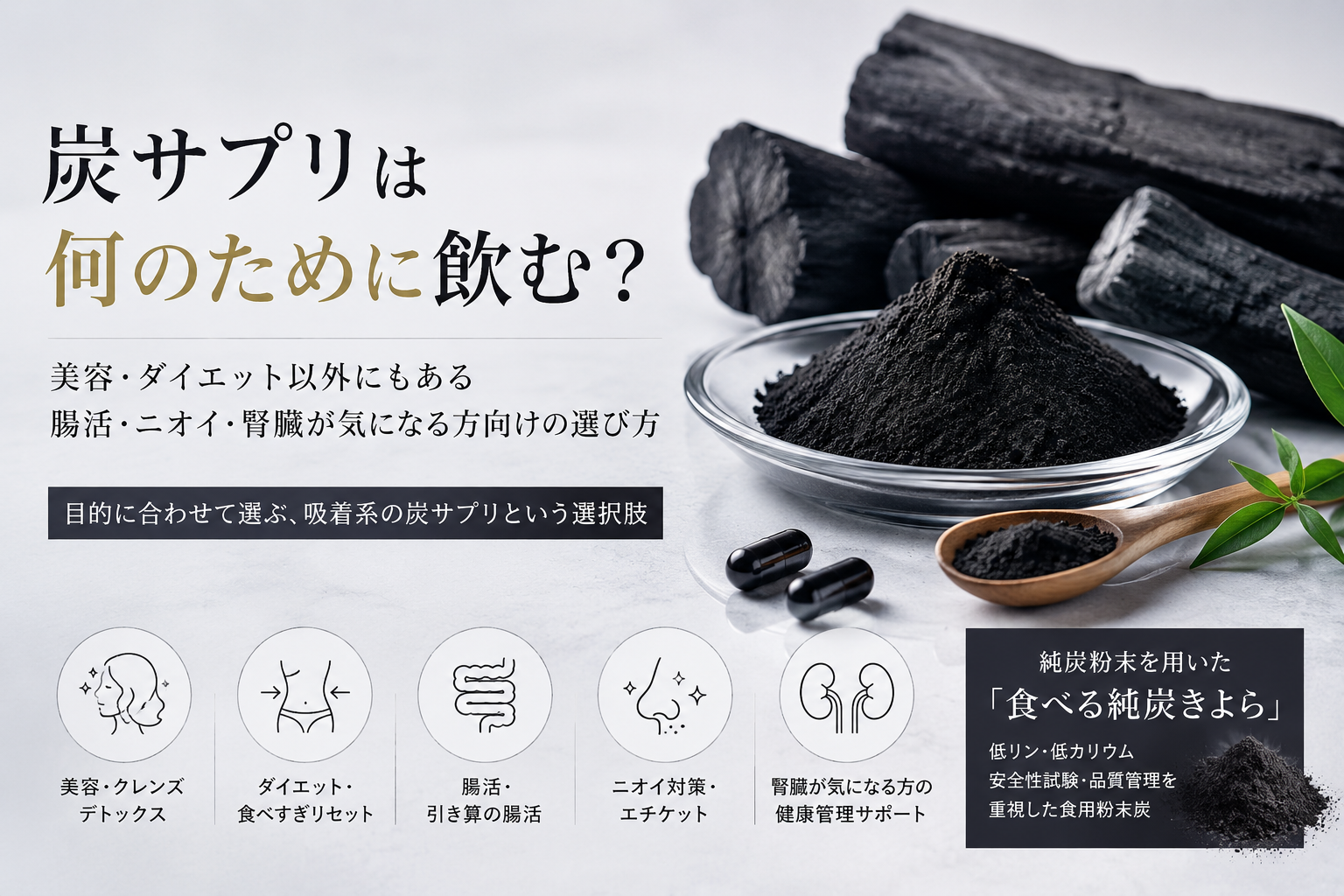 炭サプリを飲む目的、美容・ダイエット、腸活・ニオイ・腎臓が気になる方向けで比較するイメージ